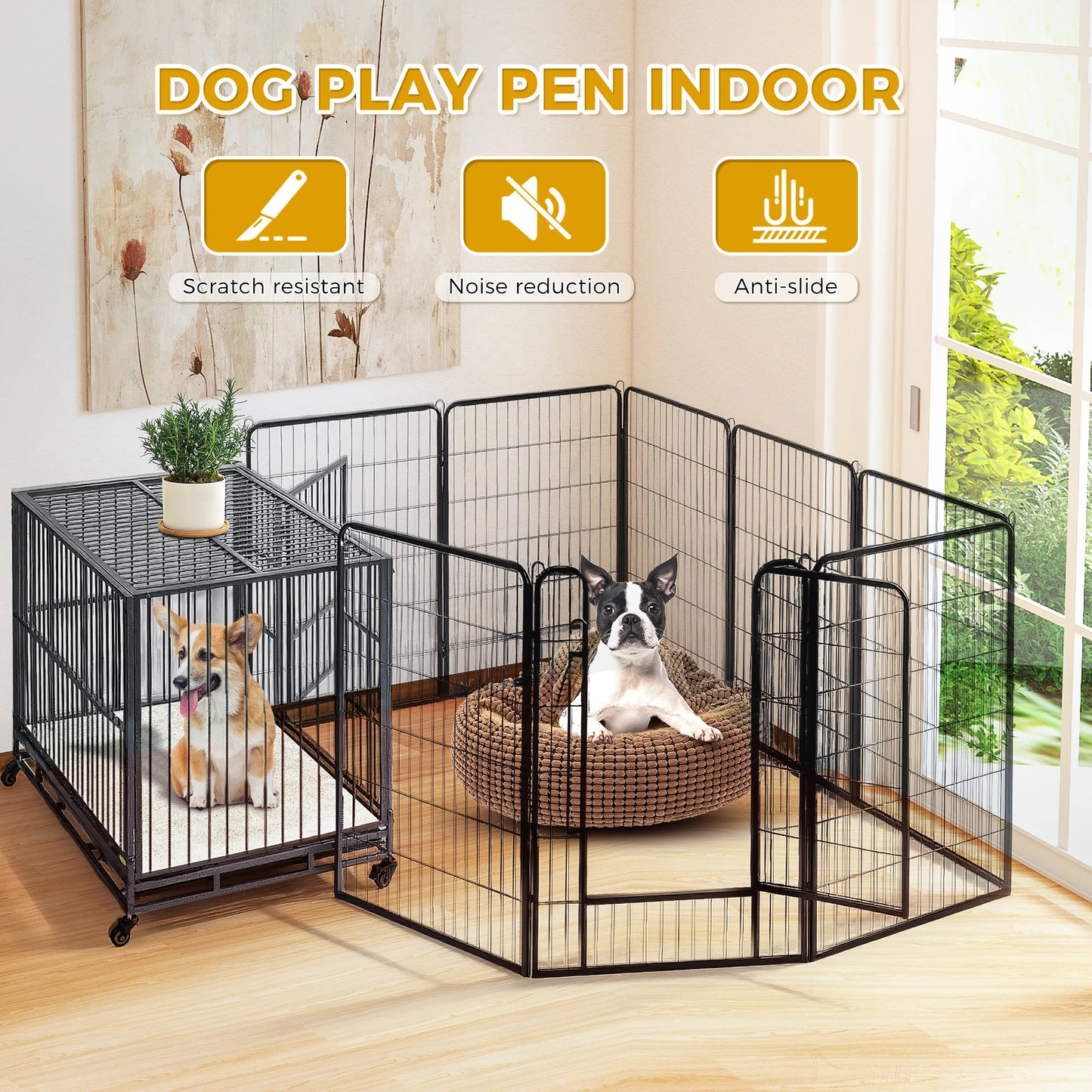 Dog Playpen with Door, Foldable Metal Pet Fence