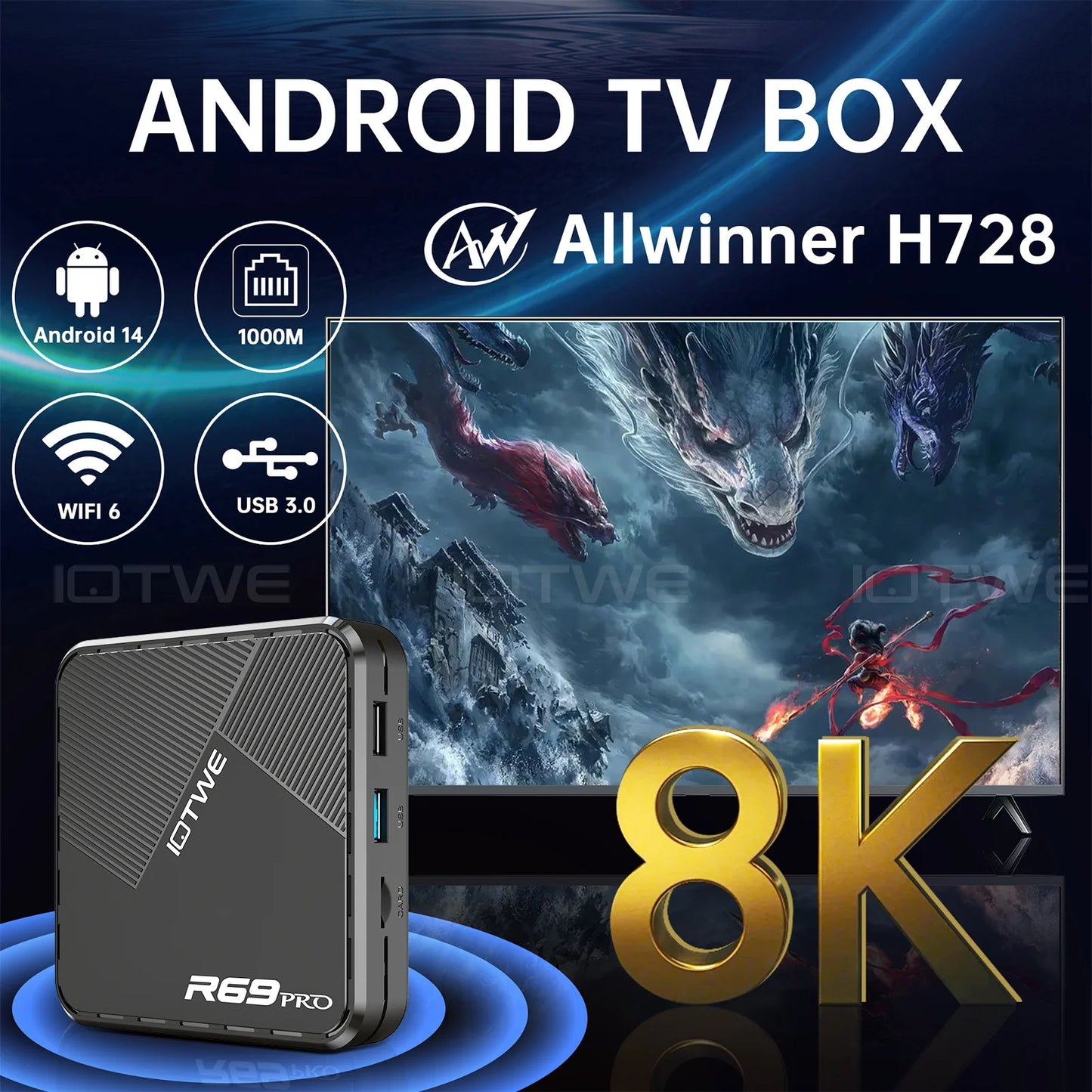 Android 14 TV Box R69 PRO Allwinner H728 Octa-Core WiFi 6 BT5.0 Voice Remote Control Box 1000M Support 8K Media Player