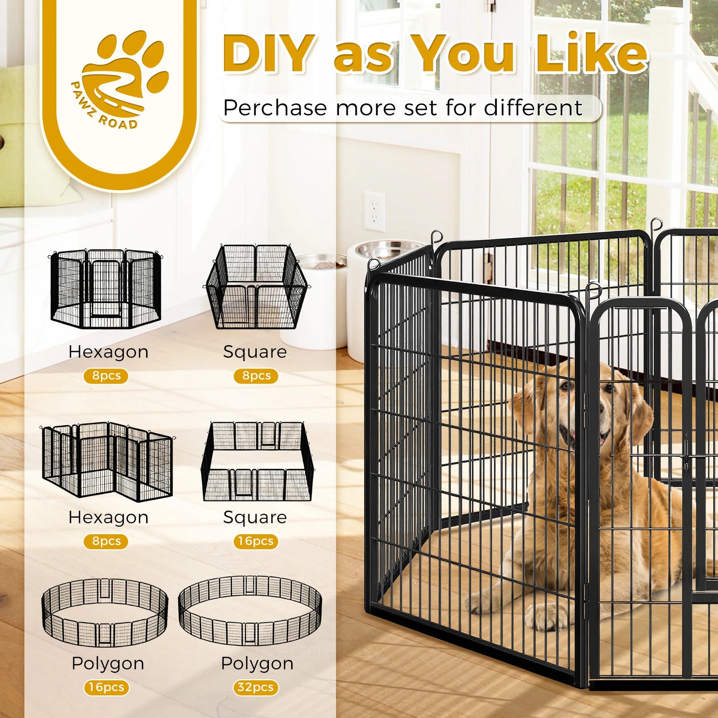 Dog Playpen with Door, Foldable Metal Pet Fence
