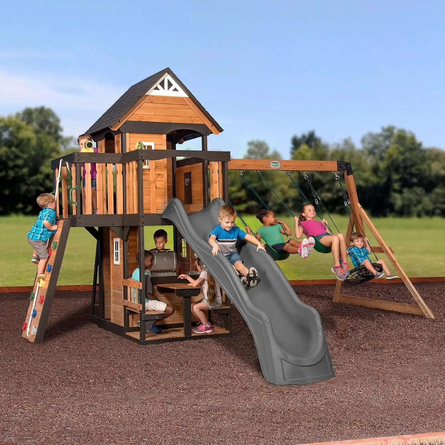Cedar Wood Swing Set with Slide Clubhouse