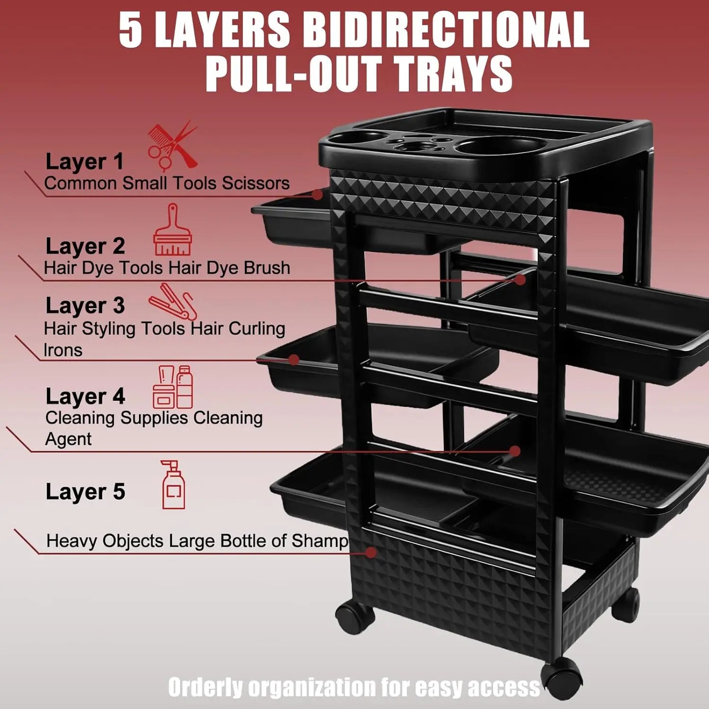5-Tier Salon Rolling Cart Hairdressing Storage Trolley