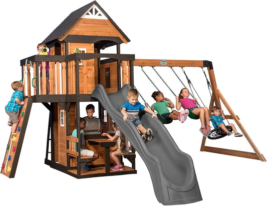 Cedar Wood Swing Set with Slide Clubhouse