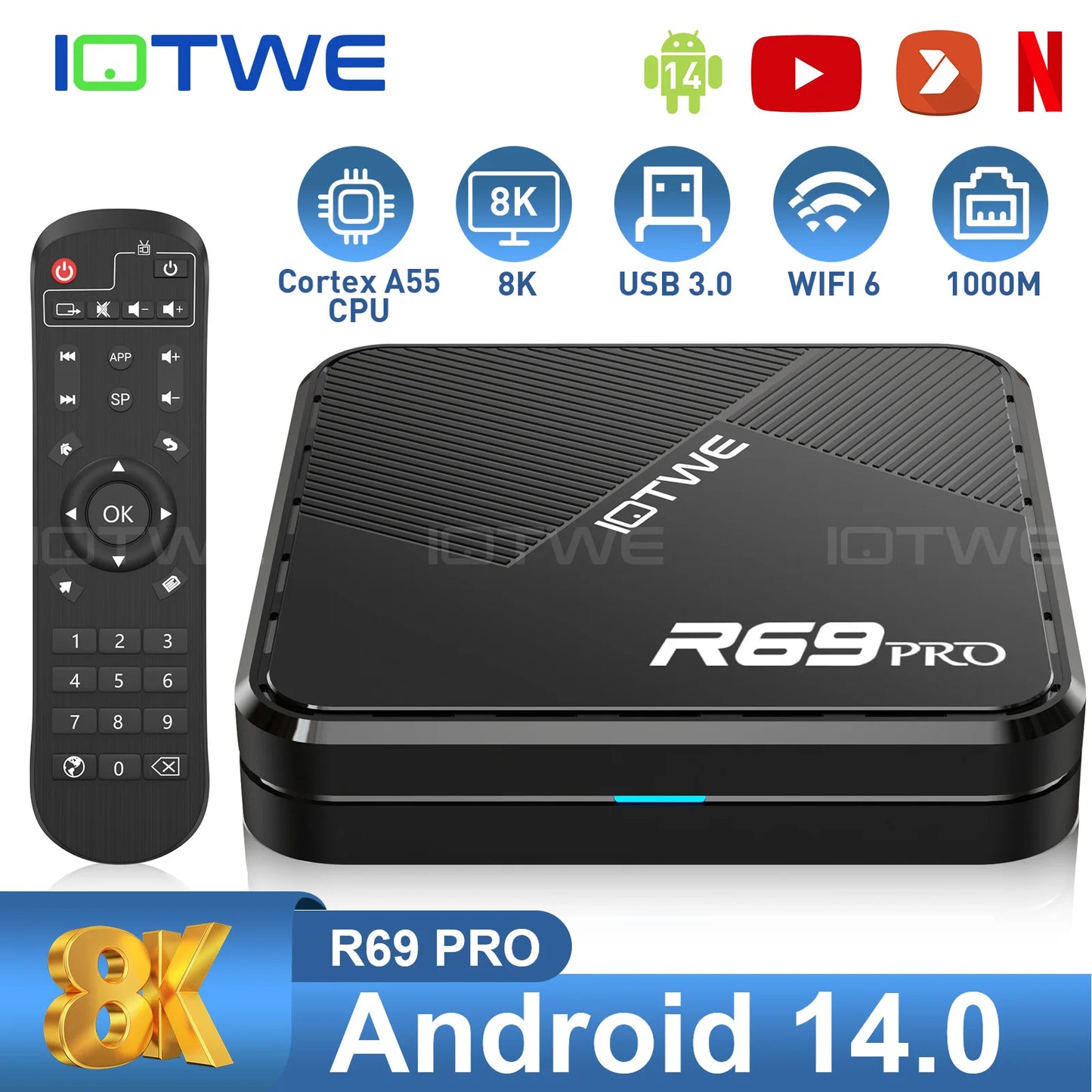 Android 14 TV Box R69 PRO Allwinner H728 Octa-Core WiFi 6 BT5.0 Voice Remote Control Box 1000M Support 8K Media Player