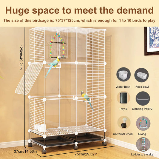 Metal Parrot Cage with Stand, Wheels, and Accessories