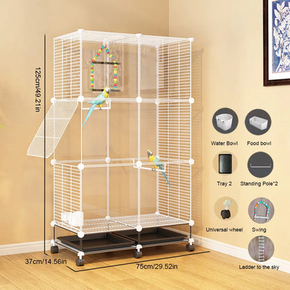 Metal Parrot Cage with Stand, Wheels, and Accessories